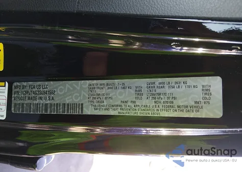 2025 Jeep Gladiator High Tide z USA, uszkodzony, nr VIN 1C6PJTAG3SL541562